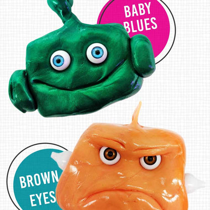 Sculpted green putty with baby blue eyes and orange sculpted putty with brown eyes.